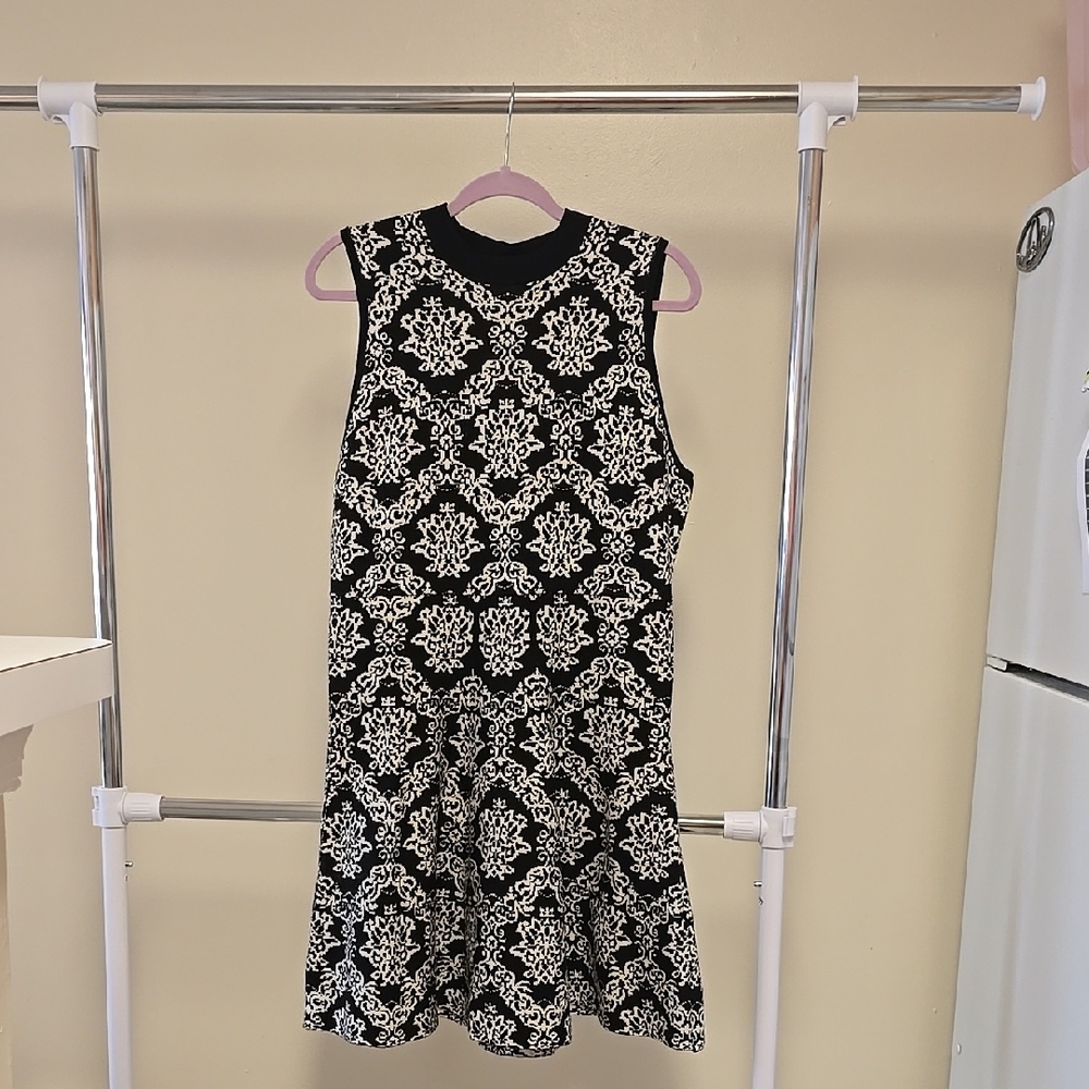Black and White A-line Mini Dress with Mock Neck